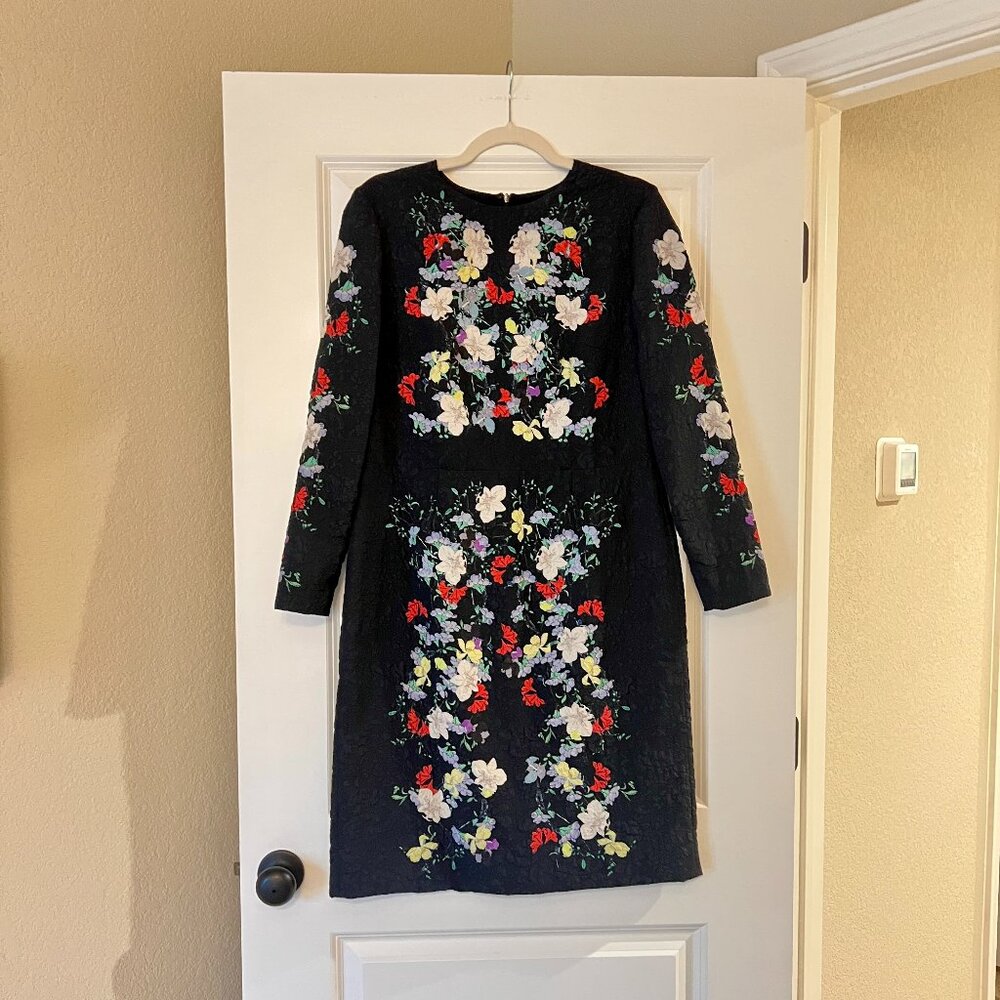 Erdem 'Evita' Ink Blue, Black Floral Long sleeve Knee-Length Dress